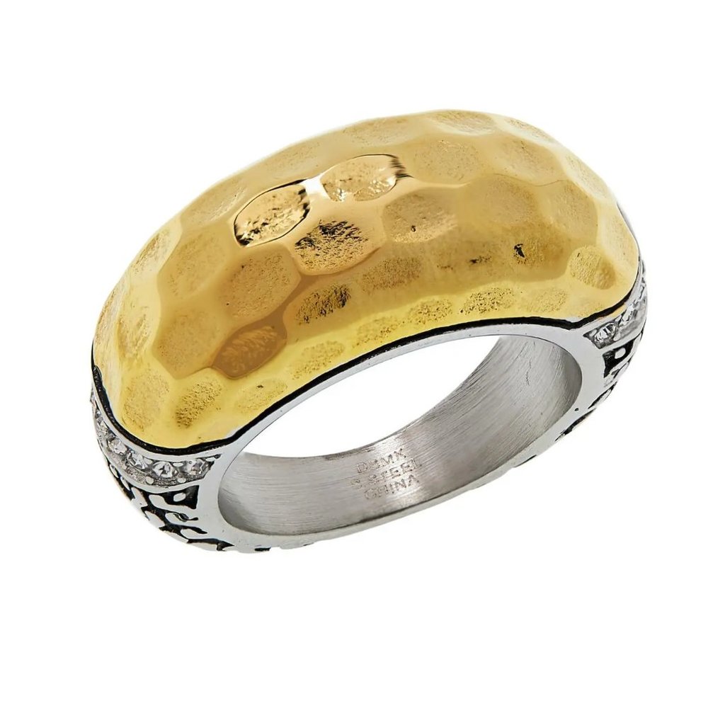 Emma Skye Stainless Steel Crystal-Accented Hammered 2-Tone Ring